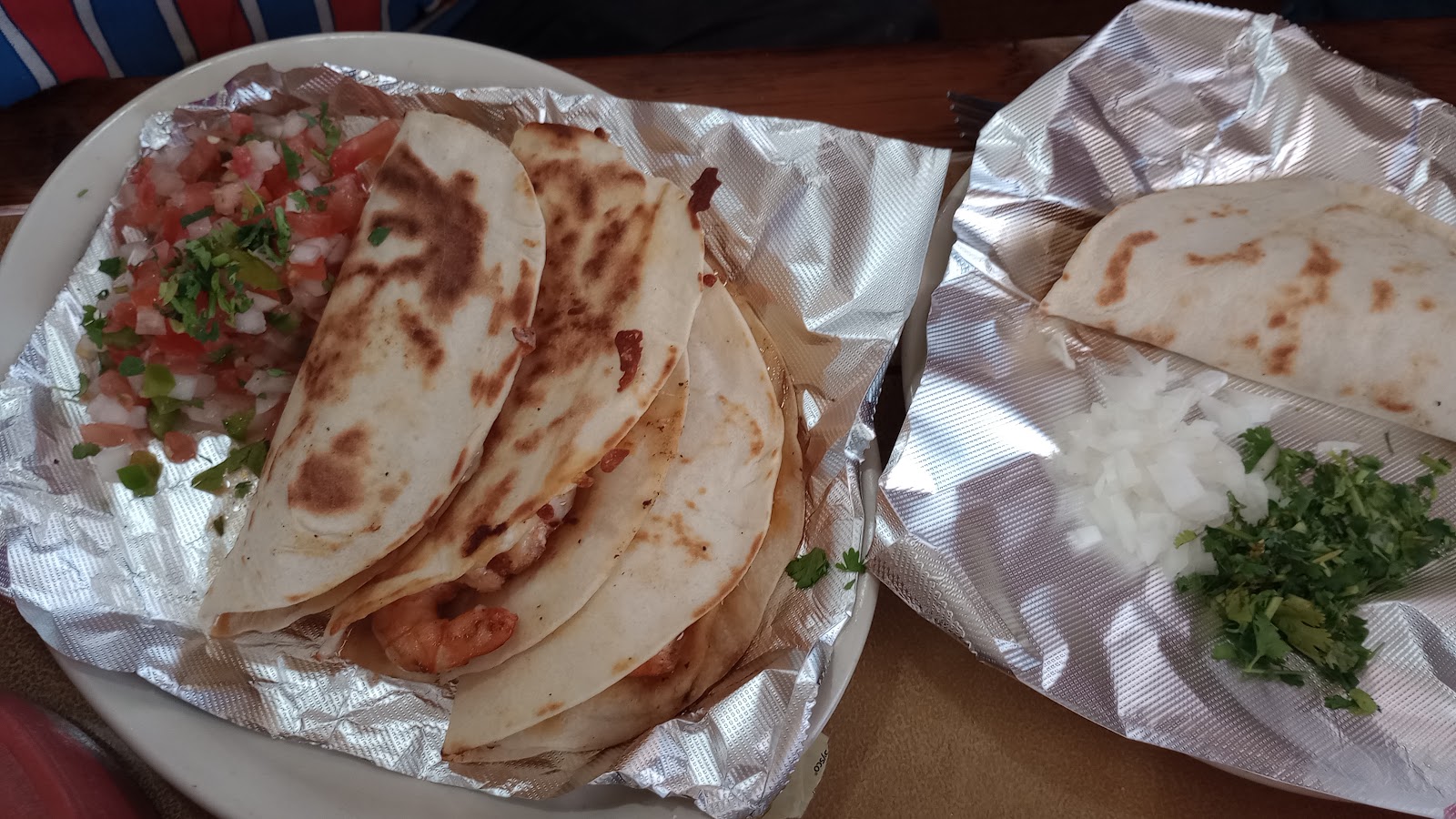 Shrimp quesadillas and tacos with fresh pico de gallo