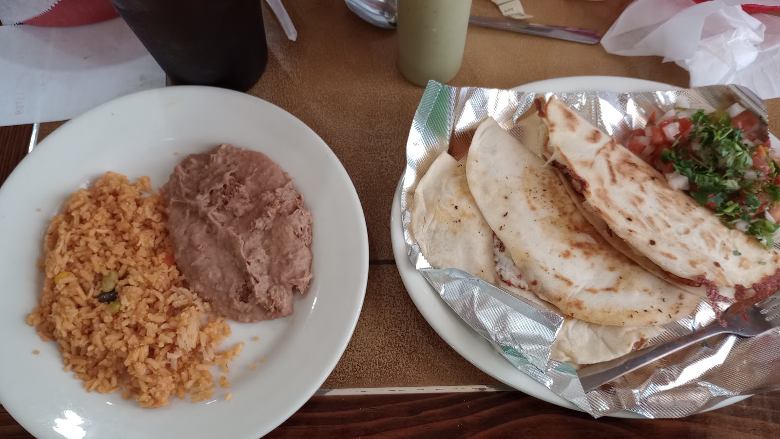 Rice, beans, and grilled quesadillas plate
